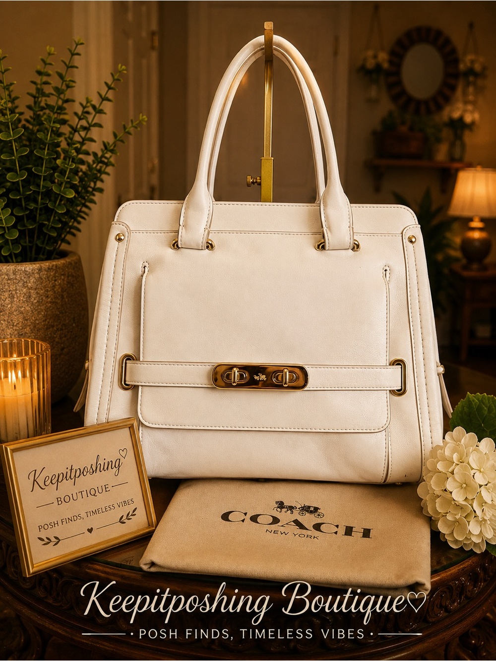 Coach Swagger Cream Leather Satchel with Gold-Tone Hardware